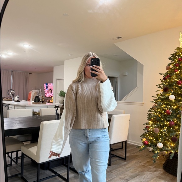 One arrival mock neck knit taupe white Women's Sweater - Picture 4 of 12